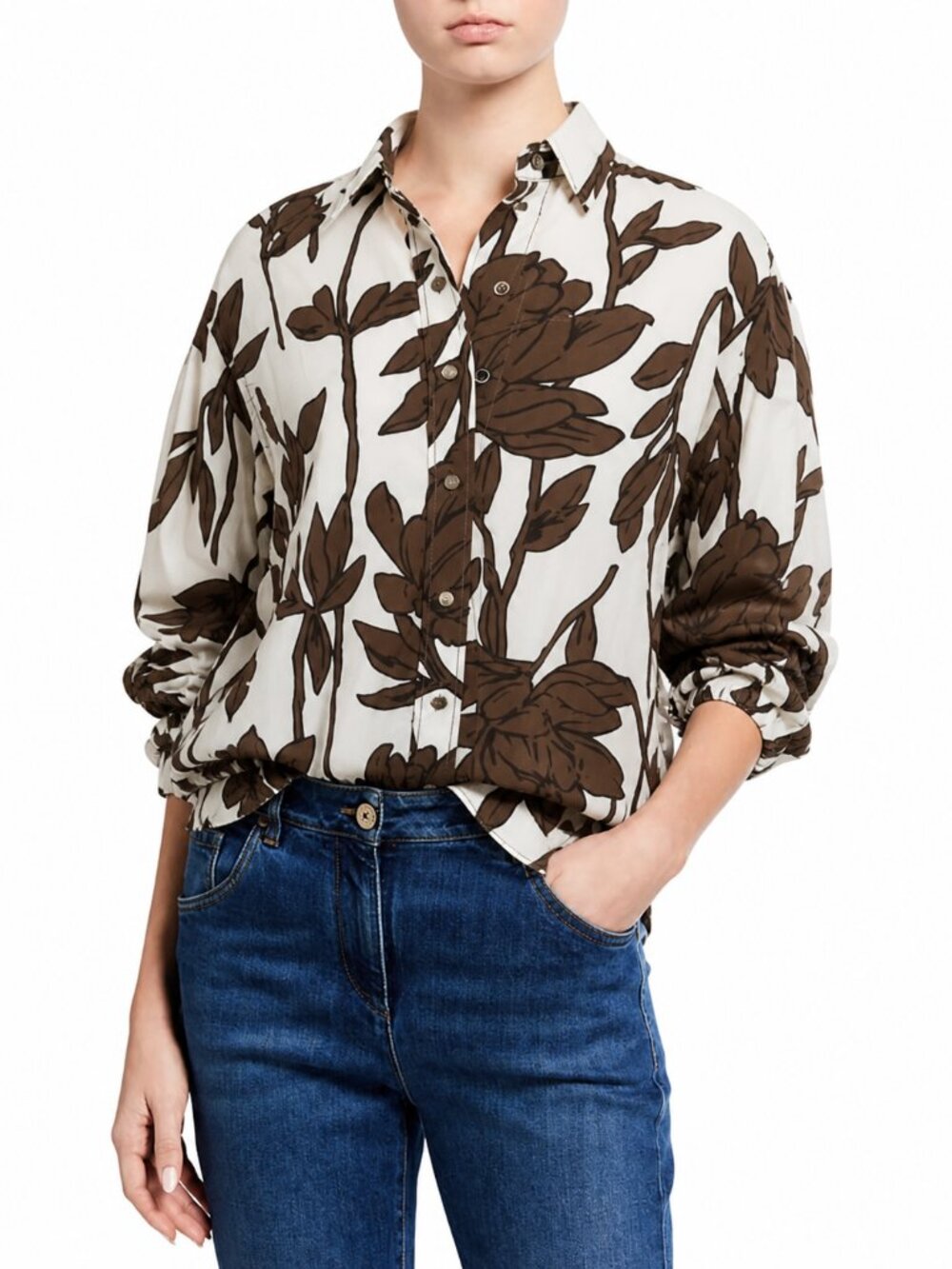 Brunello Cucinelli Monili Blouse Beige Brown 100% Cotton Snap Front Medium $1950